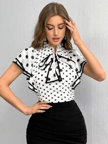 SHEIN Privé 波點印花肩帶吊帶領結領口上衣 - 彩色 - 查看 4