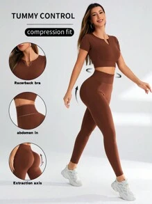 Daily&Casual 女裝純色修身運動套裝 - 棕色 - 查看 1