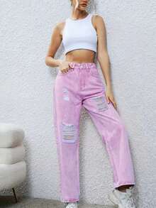 Pantalones De Pierna Recta De Mezclilla Desgastados Coloridos Para Mujer - Rosa Pálido - Ver 4