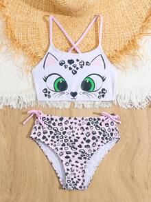 Traje de baño de tirantes con estampado de dibujos animados para niñas jóvenes - Blanco - Ver 3