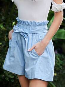 Enchnt Women's Solid Color Paper Bag Waist Shorts - Blue - View 5