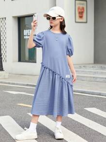 SHEIN Vestido De Media Longitud Con Lindo Diseño De Mangas De Burbuja Y Cuello Redondo Para Niñas Adolescentes Con Diseño De Abertura - Azul - Ver 3
