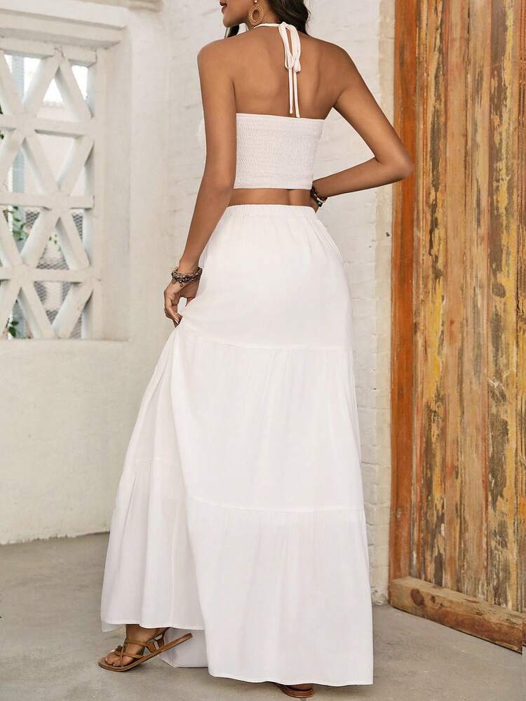 Solid Color Lace Splice Halter Top And Skirt Two Piece Set