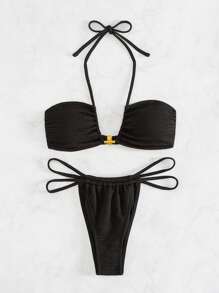 SHEIN Swim 夏季海滩女士黑色挂脖式和细肩带比基尼套装音乐节 - 黑色 - 查看 3