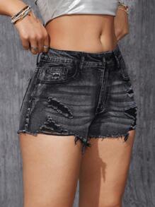 SHEIN ICON Distressed Frayed Hem Skinny Denim Shorts Y2k - Black - View 6