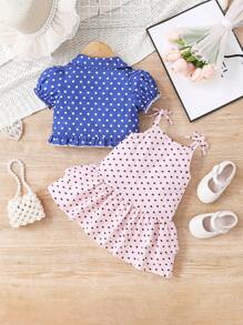 SHEIN Baby Girl Casual And Cute Polka Dot Ruffle Strap Dress And Short Sleeve Jacket Set - Pink - View 2
