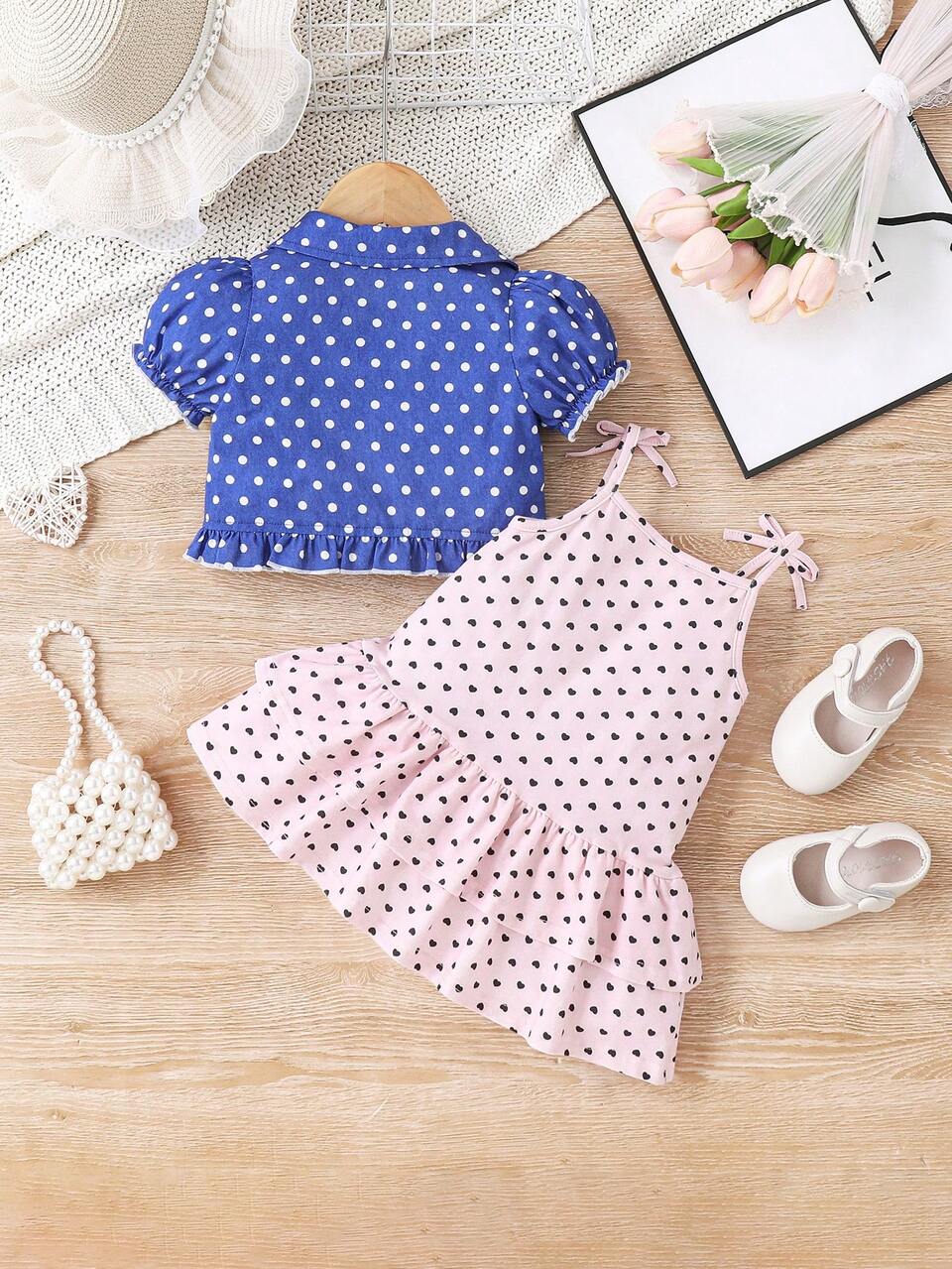Baby Girl Casual And Cute Polka Dot Ruffle Strap Dress And Short Sleeve Jacket Set