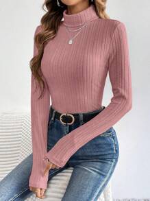 SHEIN Tall Women's High Neck Long Sleeve T-Shirt - Dusty Pink - View 3