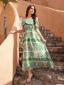GENKIRA Vestido Con Cinturón Y Ribete De Volantes Con Hombros Descubiertos Y Estampado De Cachemira - Multicolor - Ver 5