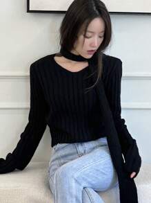 DAZY 女式长袖罗纹毛衣秋季 - 黑色 - 查看 7