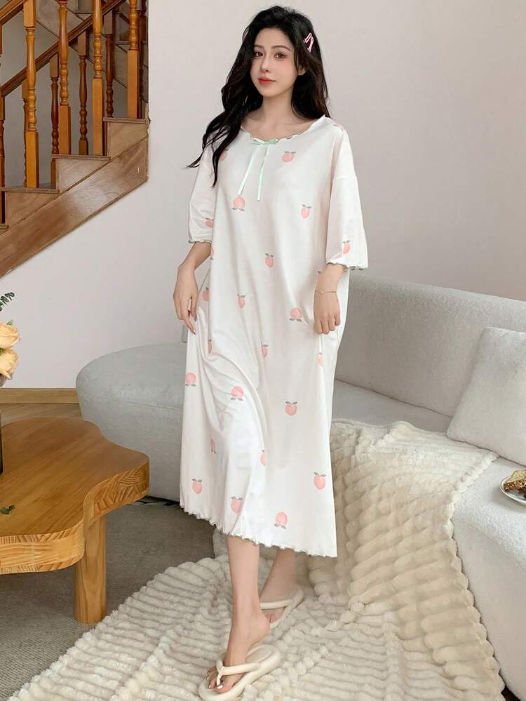 Women's Peach Printed Lace Trimmed Decorative Sleepwear Summer Pajama