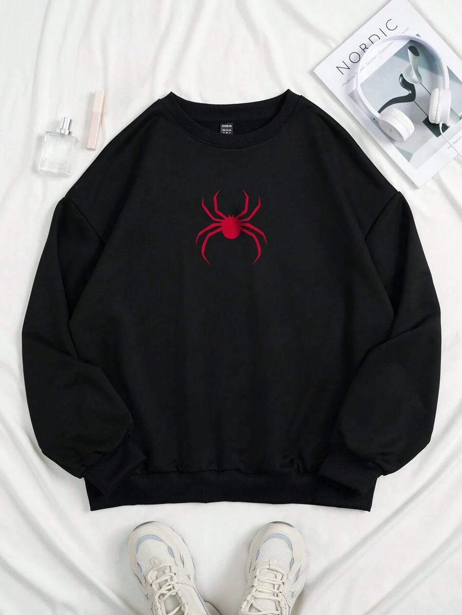 SHEIN EZwear 大码女式蜘蛛印花圆领落肩运动衫 - 黑色 - 查看 1
