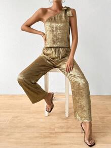 SHEIN Essnce 女士单肩无袖上衣和裤子套装 - 金色 - 查看 1