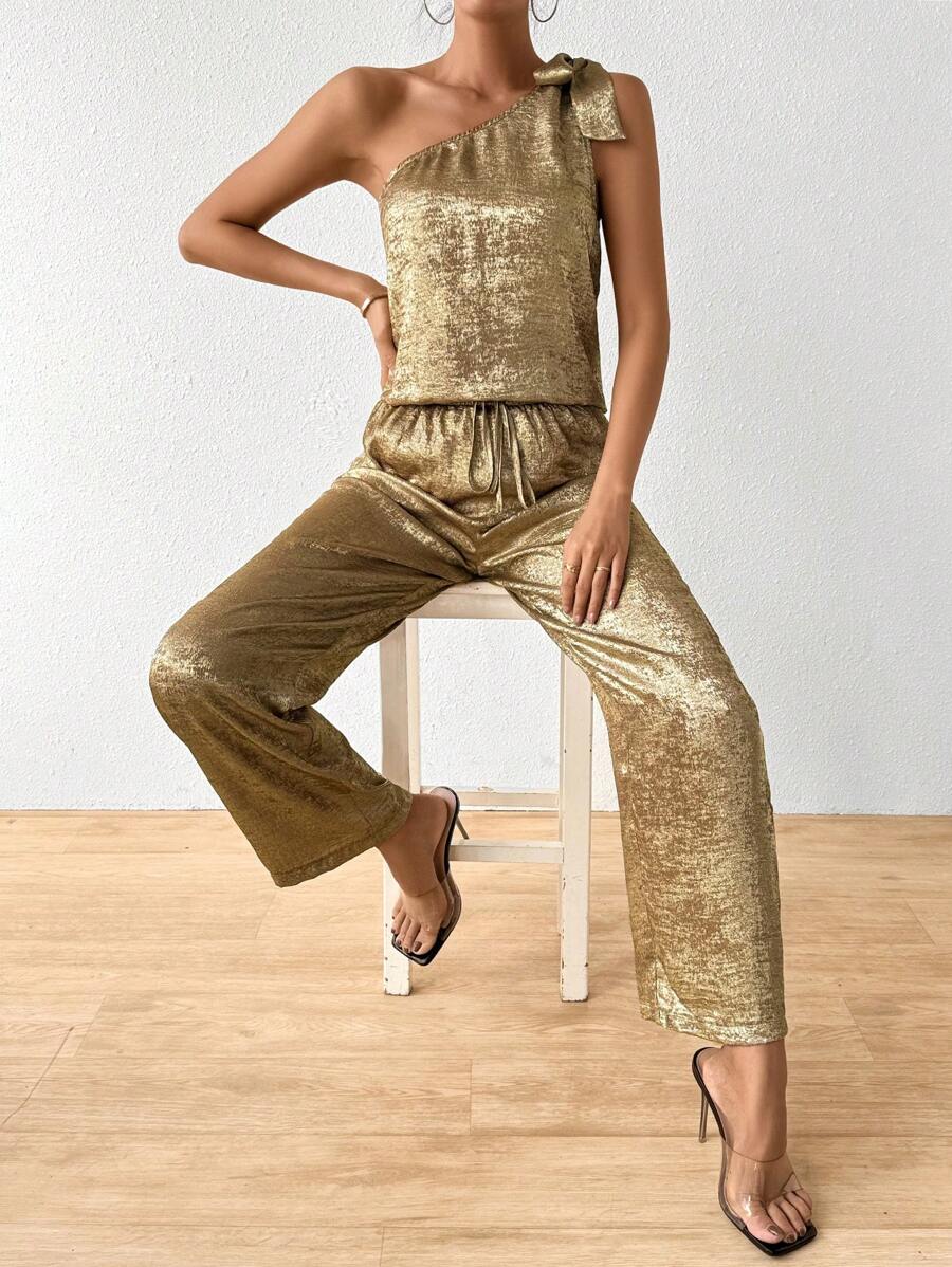 SHEIN Essnce 女士单肩无袖上衣和裤子套装 - 金色 - 查看 1