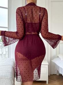 Women's Sexy Maroon Lace Thigh Length Lingerie Robe Set With Spaghetti Strap Bralette And High Waisted Panties - Maroon - View 2