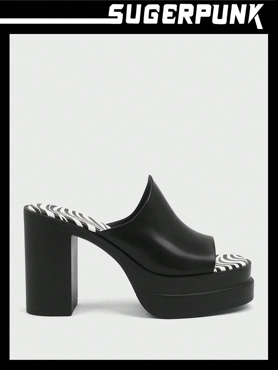 Sugerpunk Y2K Dày Giày cao gót , Không thấm nước Nền tảng , Đáy dày , Mô hình ngựa vằn Trượt Mùa hè - màu đen - Xem 1