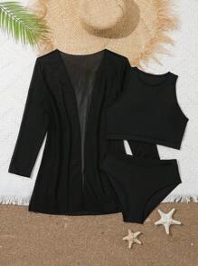 Conjunto de 3 piezas para niña preadolescente: Nueva moda, conjunto de unicolor con parches de malla