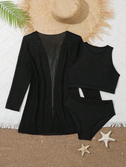 Conjunto de 3 piezas para niña preadolescente: Nueva moda, conjunto de unicolor con parches de malla