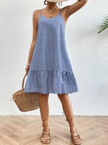 Breezaya 女士條紋荷葉邊背心連衣裙 - 藍色 - 查看 6