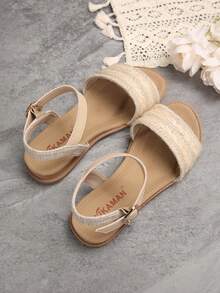 女式舒適扣帶平底涼鞋,麻繩面料拼接設計 - 杏色 - 查看 3