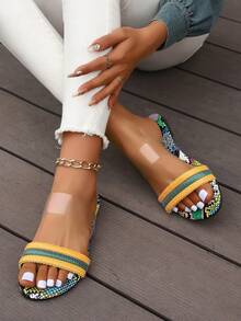 女士時尚舒適的圓頭黃色涼鞋,帶有踝帶和扁平鞋底,適合休閒穿著 - 黃色 - 查看 5