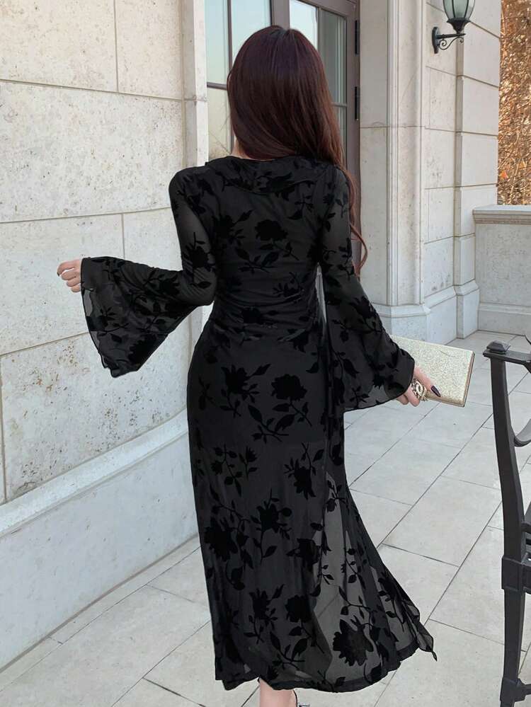 Flocked Jacquard V-Neck Ruffled Hem Flared Sleeve Side Slit Dress, Birthday Prom Dress,Fall Dress Long Sleeve Dress Elegant Women Dresses