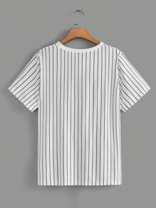 SHEIN EZwear Của phụ nữ Kích thước lớn Sọc dọc In Ngắn tay Áo thun - Đen và trắng - Xem 2
