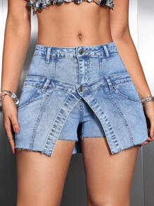 SHEIN EZwear Asymmetrical Hemline Buttoned Denim Shorts