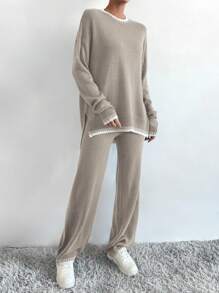 SHEIN LUNE Women's Contrast Color Decorated Long Sleeve Sweater And Knitted Pants Two-Piece Set - Multicolor - View 4