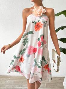SHEIN LUNE Flower Printed Halter Neck Tie Waist 3d Flower A-Line Dress - Apricot - View 6