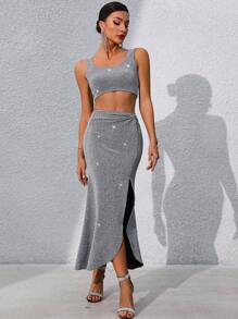 SHEIN Unity 女用金屬線短上衣和開衩下擺緊身裙套裝 - 銀色 - 查看 6