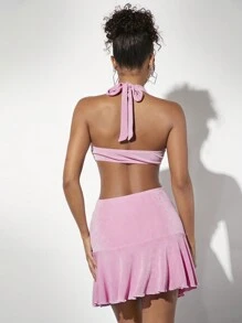 SHEIN BAE V-Neck Halter Hollow Out Pleated Dress - Pink - View 2