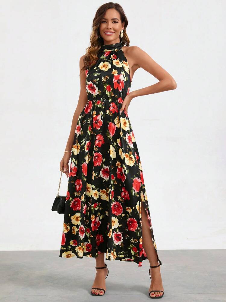 Floral Print Sleeveless A-Line Wedding Long Dress With Slit And Drawstring Waist