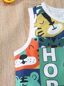 SHEIN 2pcs/Set Young Boys' Casual Cartoon Animal Patterned Sleeveless Top And Shorts Set,Soft Breathable Fashionable Summer Outfit,Suitable For Spring - Multicolor - View 5