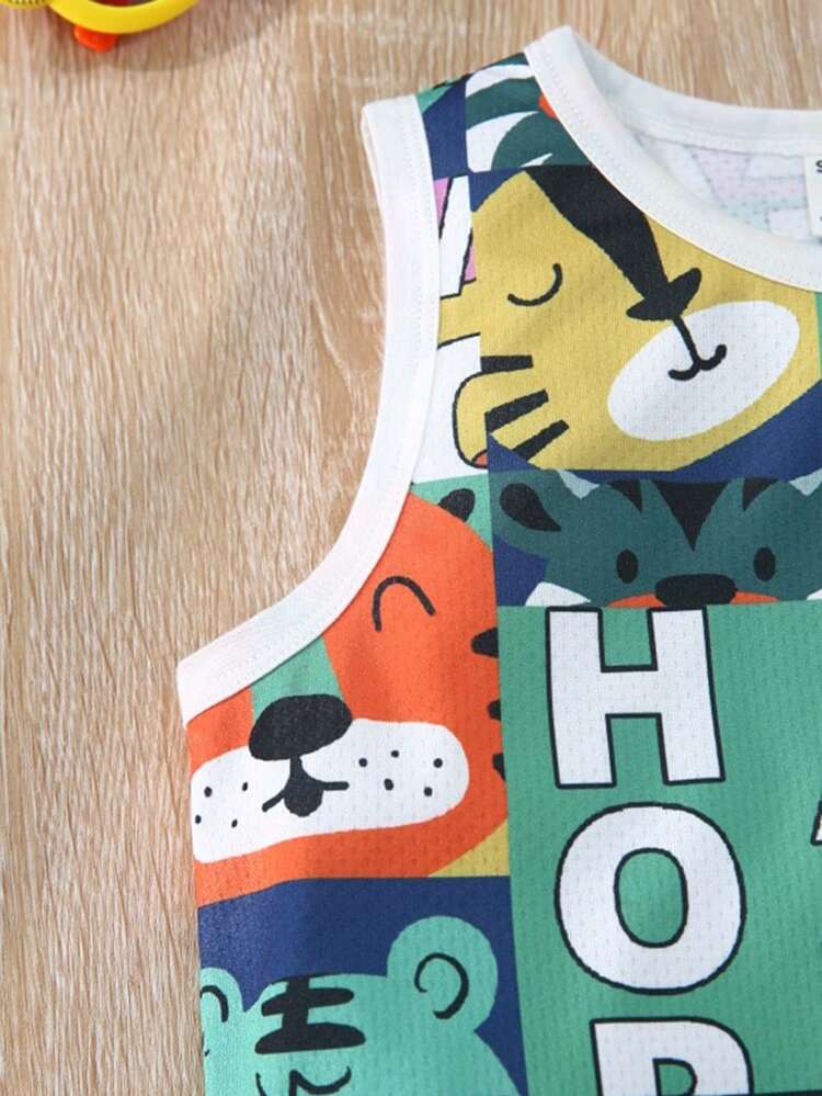 2pcs/Set Young Boys' Casual, Comfortable, Fashionable, Practical, Versatile, Cute, Soft, Breathable, Cartoon Animal Patterned Top And Shorts Set, Suitable For Spring And Summer