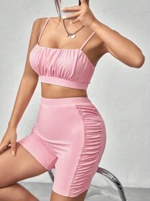 SHEIN Unity 纯色褶皱修身背心和短裤两件套 - 粉色 - 查看 6
