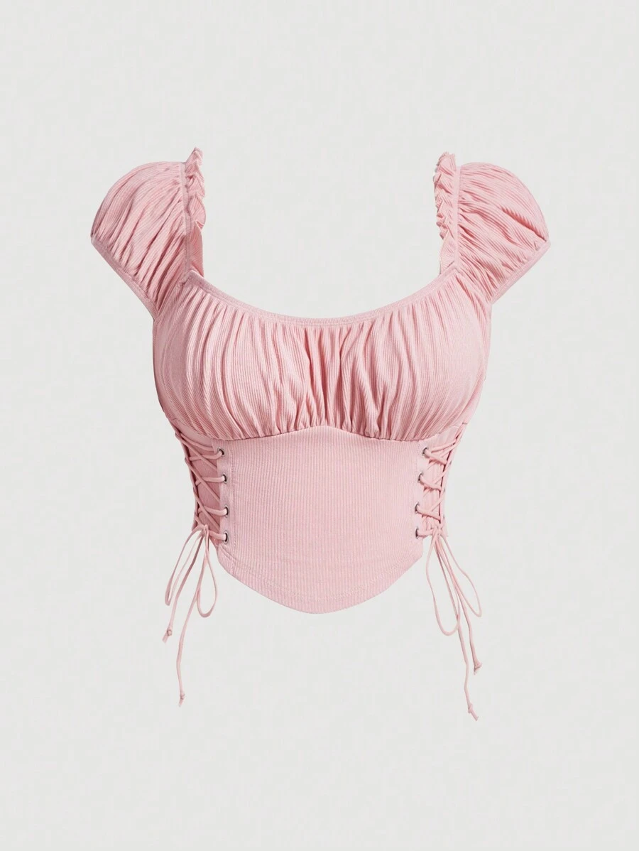 SHEIN MOD Camiseta talla grande con fruncido delantero, detalles con tirantes y aberturas laterales - Rosa - Ver 1