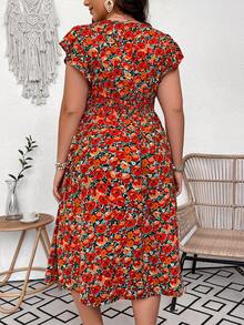 SHEIN Holidaya Plus Size Floral Printed Ruffles Trim Dress - Orange - View 2