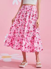 HELLO KITTY AND FRIENDS | SHEIN Women Cute Cartoon Print Ruffle Hem Pink Long Skirt For Spring And Summer - Pink - View 3