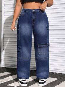 SHEIN EZwear Kích thước lớn Của phụ nữ Lỏng lẻo phù hợp Nhiều túi Denim Quần chân thẳng - Rửa trung bình - Xem 3