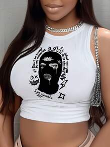 Slaydiva Casual Minimalist Face Mask Design Round Neck Fitted Tank Top For Women, Summer Back To School - White - View 1