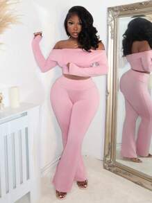 Slaydiva Off Shoulder Top & Pants Sexy Two Piece Set - Pink - View 6