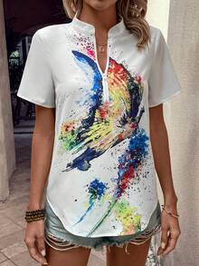 SHEIN Clasi 女拉鍊半門襟立領短袖襯衫 - 白色 - 查看 3