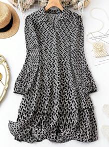 Plus Allover Print Lantern Sleeve Ruffle Hem Dress Fall Cloth For Women