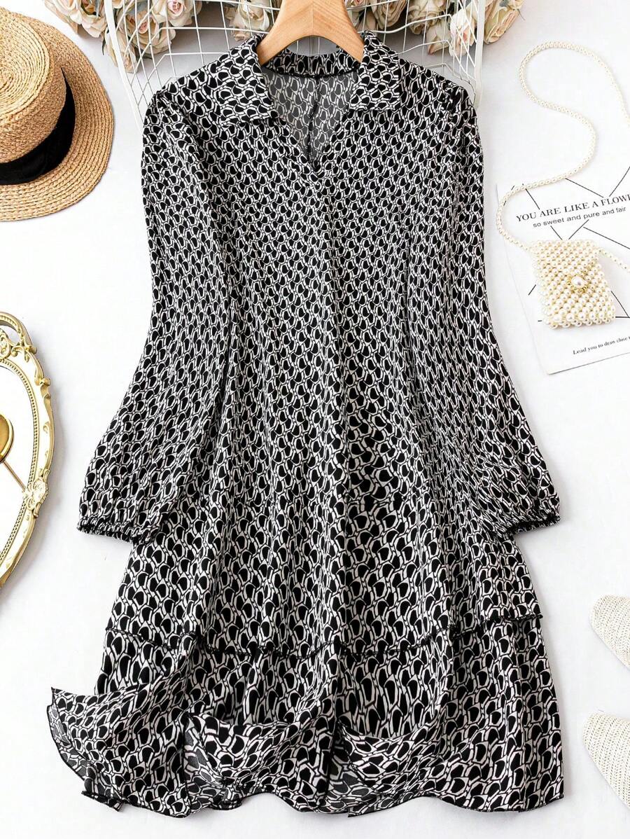 Plus Allover Print Lantern Sleeve Ruffle Hem Dress Fall Cloth For Women