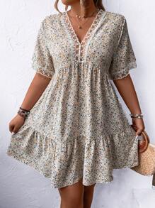 SHEIN LUNE Plus Size Women's Floral Print & Lace Patchwork Dress - Multicolor - View 4