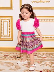 SHEIN Baby Girl Holiday Patchwork 3d Flower Short Sleeve Top And Skirt Set - White - View 3