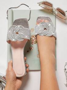 SHUZIA Women Shoes Round Toe Silver Fashionable Rhinestone Flat Sandals Fashion Flat Sandal Summer Shoes Spring Shoes Spring Break Easter Vacation Shoes Casual Shoes Beach Shoes Mother's Day Present Valentine's Day Summer Shoes - Silver - View 4