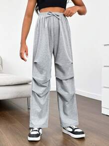 SHEIN Tween Girls' Cool Street Style Spring/Summer Knitted Solid Color Wide Leg Sweatpants - Light Grey - View 4