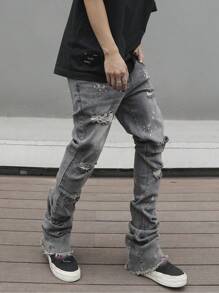 Men's Casual Distressed Frayed Button Denim Jeans, Streetwear Daily Wear - Light Grey - View 1